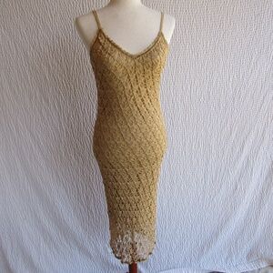 Gold Crochet Lace Dress Size 10 M Form Fit 8-10 Sparkles Ozone Hand Knit Y2K Vtg